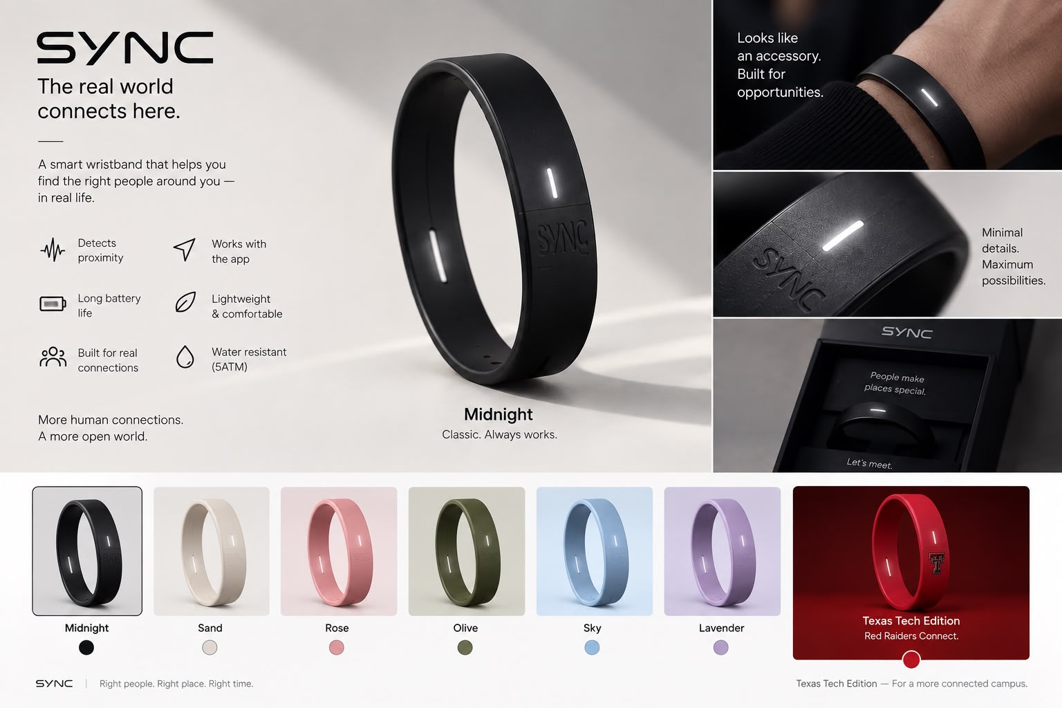 SYNC Band product showcase with features, colors, and Texas Tech Edition